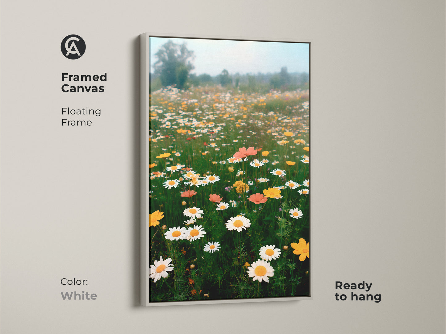 White framed canvas print capturing a sunny wildflower meadow. This botanical artwork adds a fresh touch to any space. The floral landscape art is ready to hang. It's perfect for creating a peaceful atmosphere.