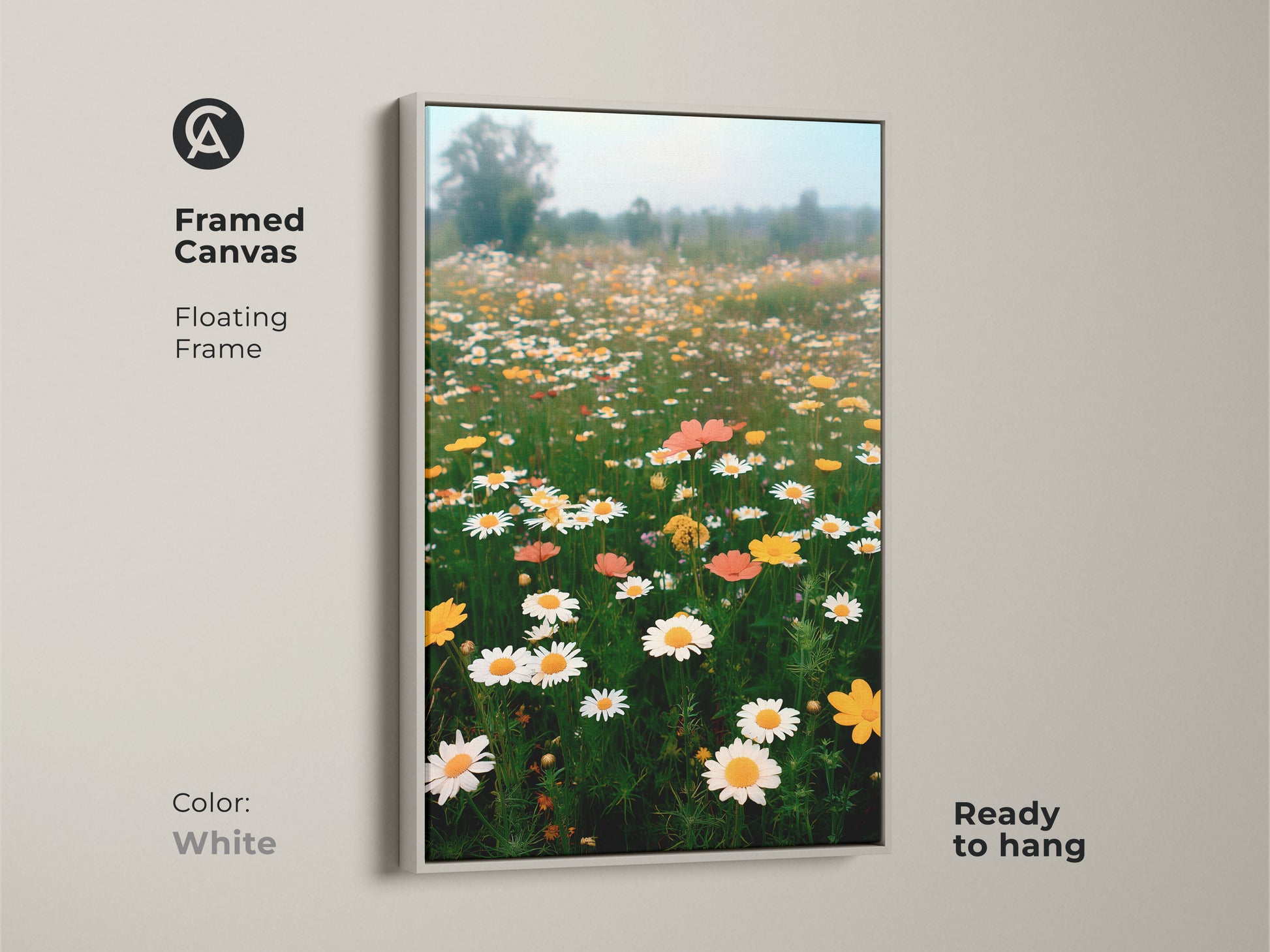 White framed canvas print capturing a sunny wildflower meadow. This botanical artwork adds a fresh touch to any space. The floral landscape art is ready to hang. It's perfect for creating a peaceful atmosphere.