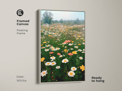 White framed canvas print capturing a sunny wildflower meadow. This botanical artwork adds a fresh touch to any space. The floral landscape art is ready to hang. It's perfect for creating a peaceful atmosphere.