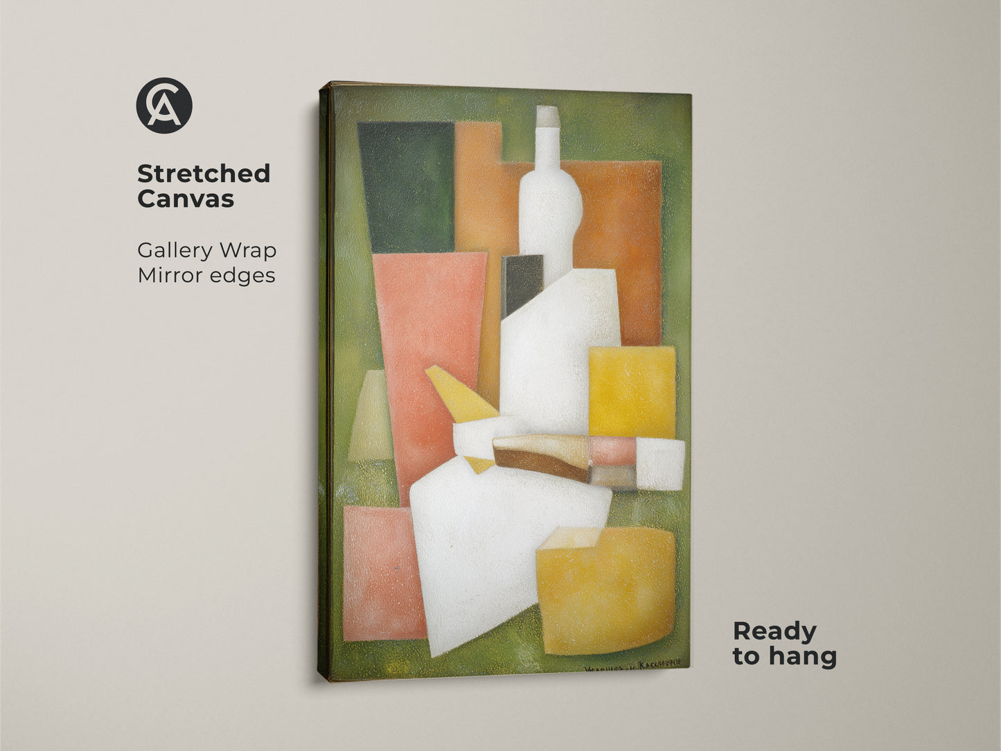 Stretched canvas art showcasing a geometric bottle. The abstract artwork has gallery wrapped mirror edges. It’s ready to hang and enjoy. This modern cubist still life print features green and orange hues. It is a stylish addition to any home.