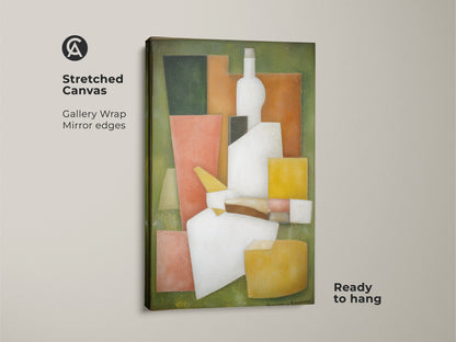 Stretched canvas art showcasing a geometric bottle. The abstract artwork has gallery wrapped mirror edges. It’s ready to hang and enjoy. This modern cubist still life print features green and orange hues. It is a stylish addition to any home.