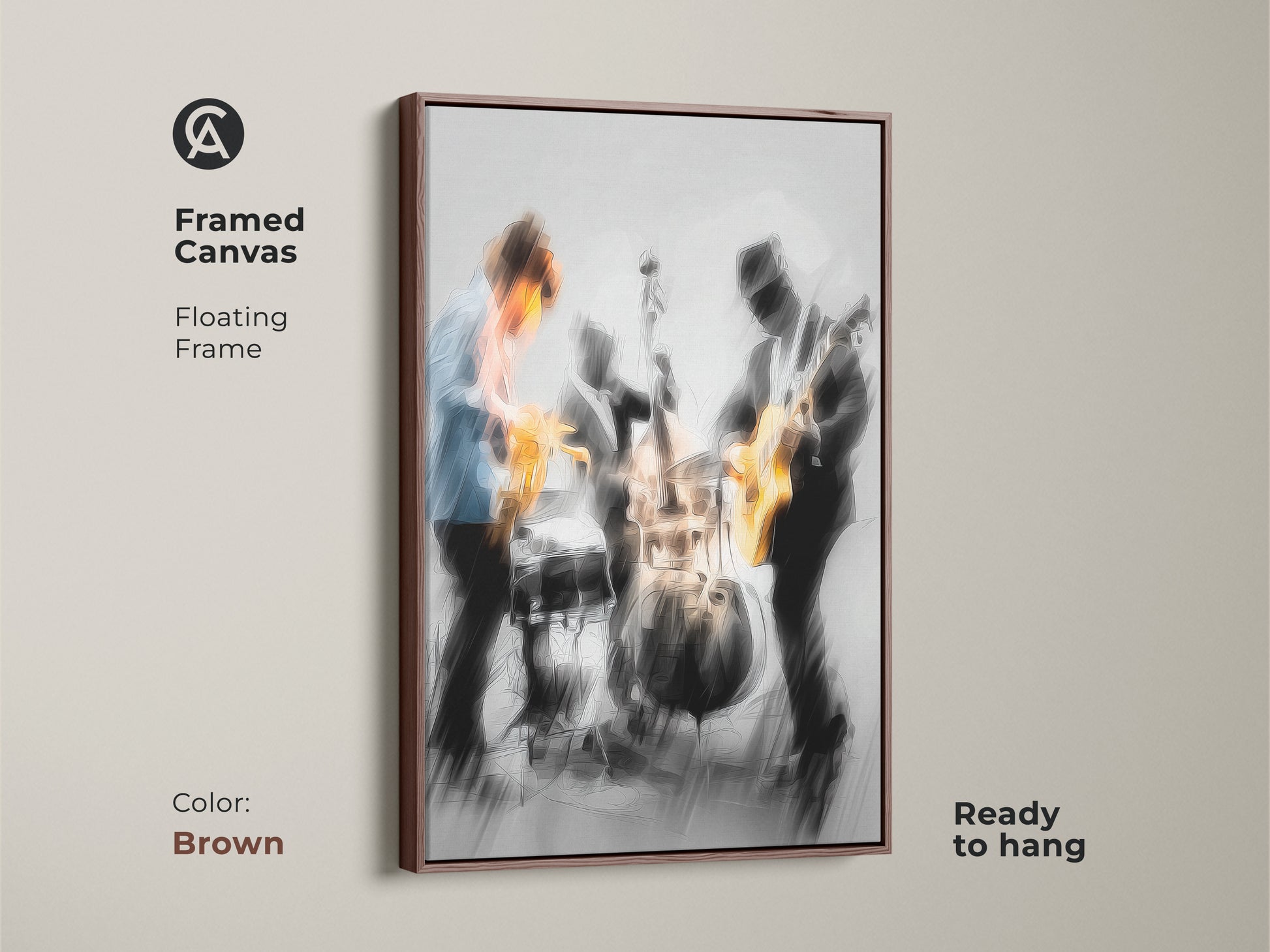 Framed canvas artwork of a jazz band performing. The frame is brown and the canvas has a floating frame effect. The musicians include a saxophonist guitarist and drummer. The artwork comes ready to hang. Enhance your space with this canvas art.