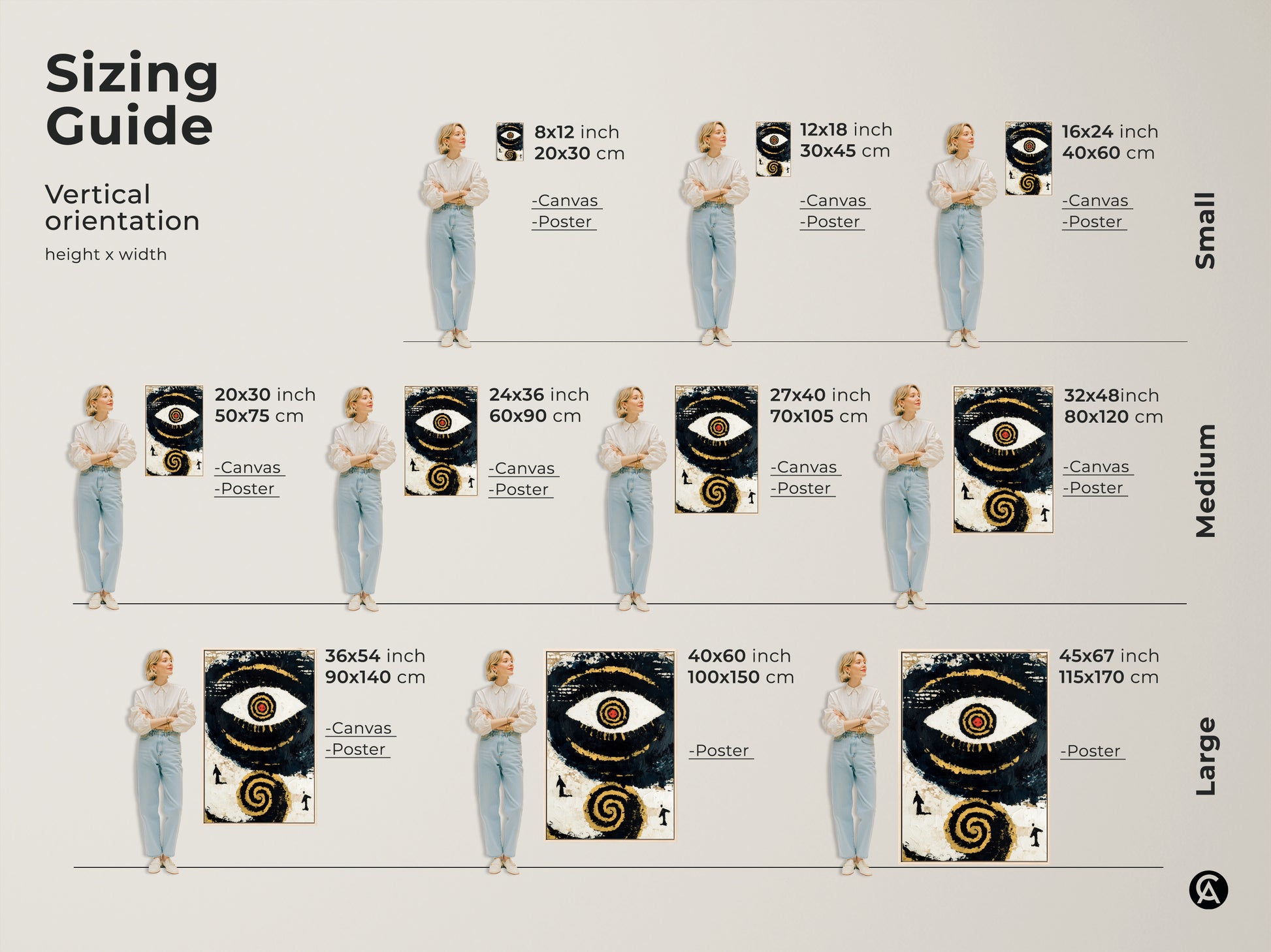 Sizing Guide for Vertical Abstract Eye Artwork shows various canvas and poster sizes. Find the perfect fit for your space with dimensions in inches and centimeters. Visualize how each size transforms a room offering small medium and large options. Enhance your decor today.