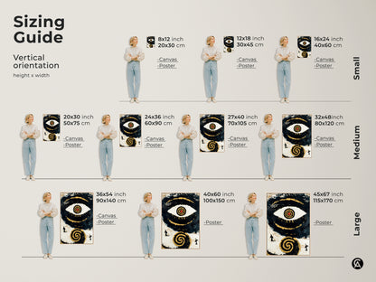Sizing Guide for Vertical Abstract Eye Artwork shows various canvas and poster sizes. Find the perfect fit for your space with dimensions in inches and centimeters. Visualize how each size transforms a room offering small medium and large options. Enhance your decor today.
