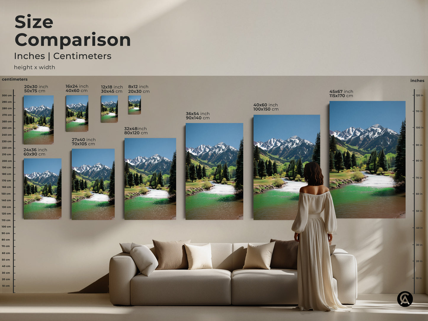 Size comparison of mountain river art prints. See how the canvas artwork looks in different sizes. A person and couch are shown for scale. Perfect for adding a scenic touch to your living room decor.