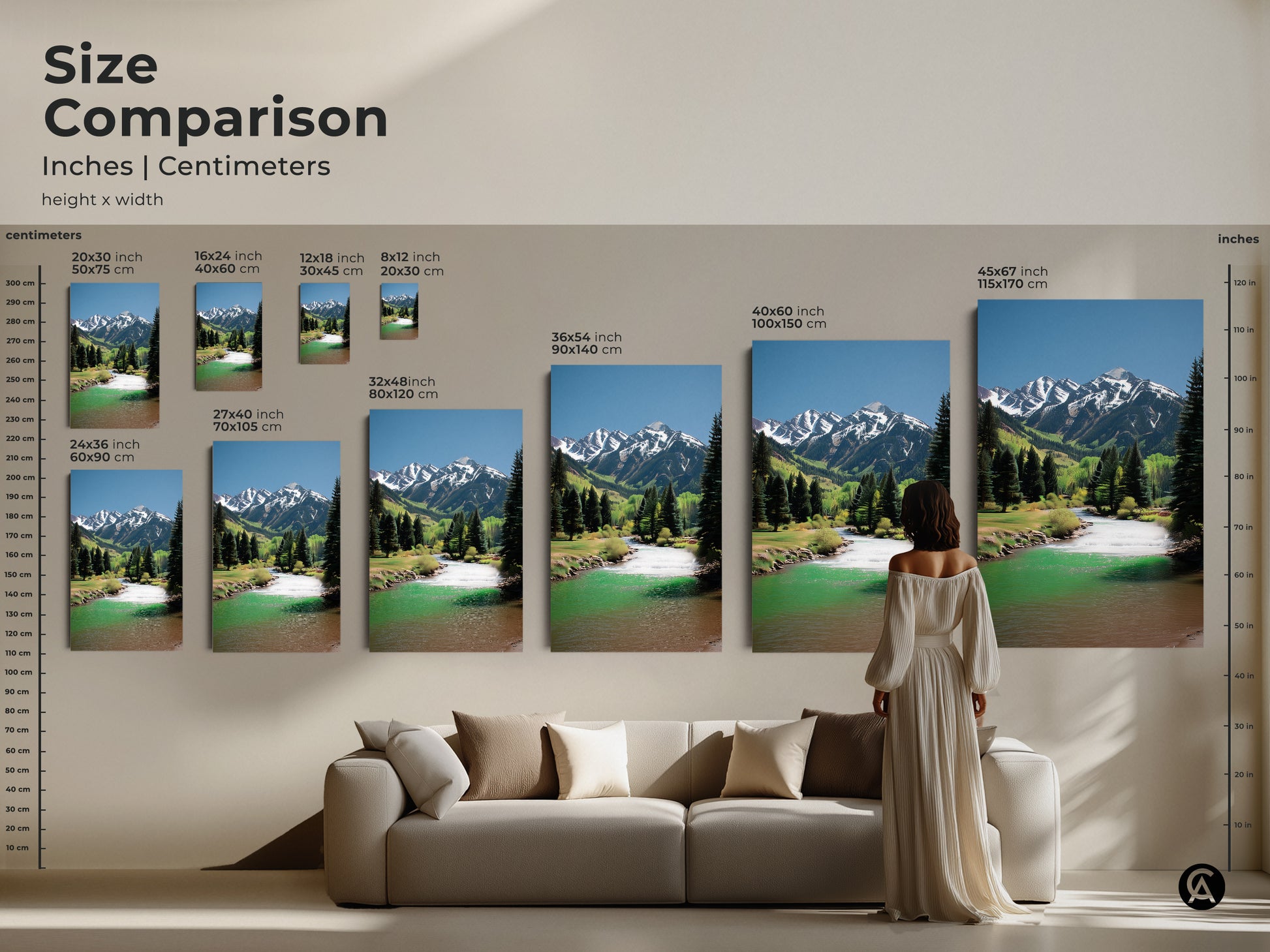 Size comparison of mountain river art prints. See how the canvas artwork looks in different sizes. A person and couch are shown for scale. Perfect for adding a scenic touch to your living room decor.