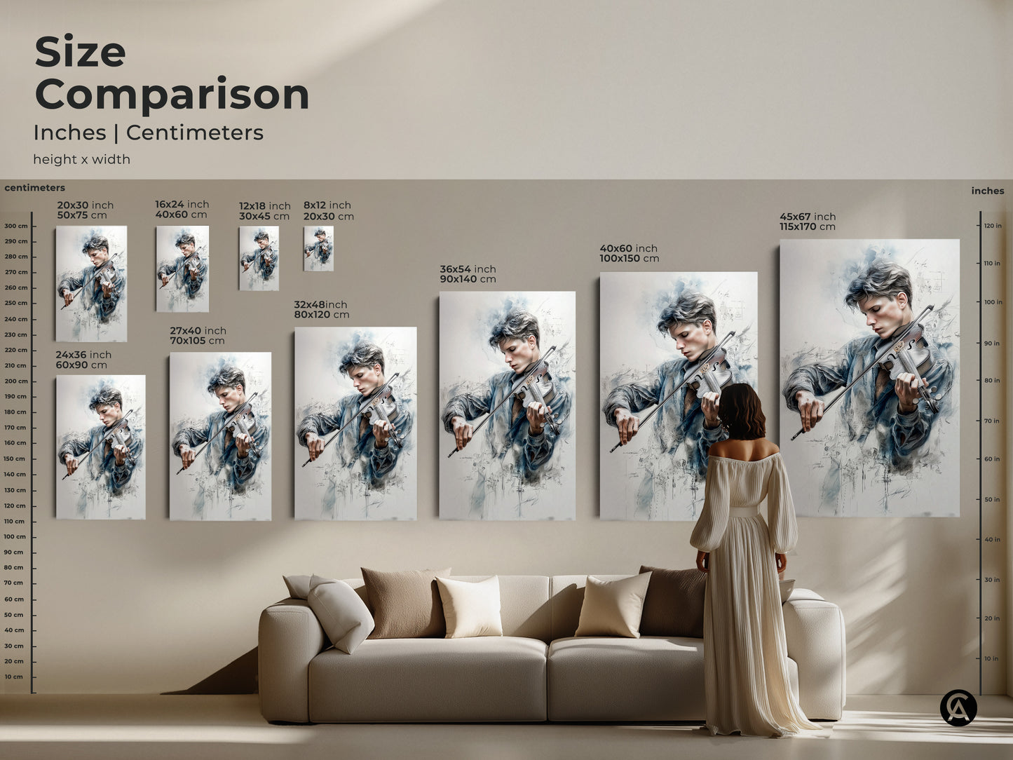Size comparison of artwork featuring a young violinist. Available in inches and centimeters. See how different sizes fit above a sofa. Choose the perfect dimensions to enhance your living space with this beautiful artwork.