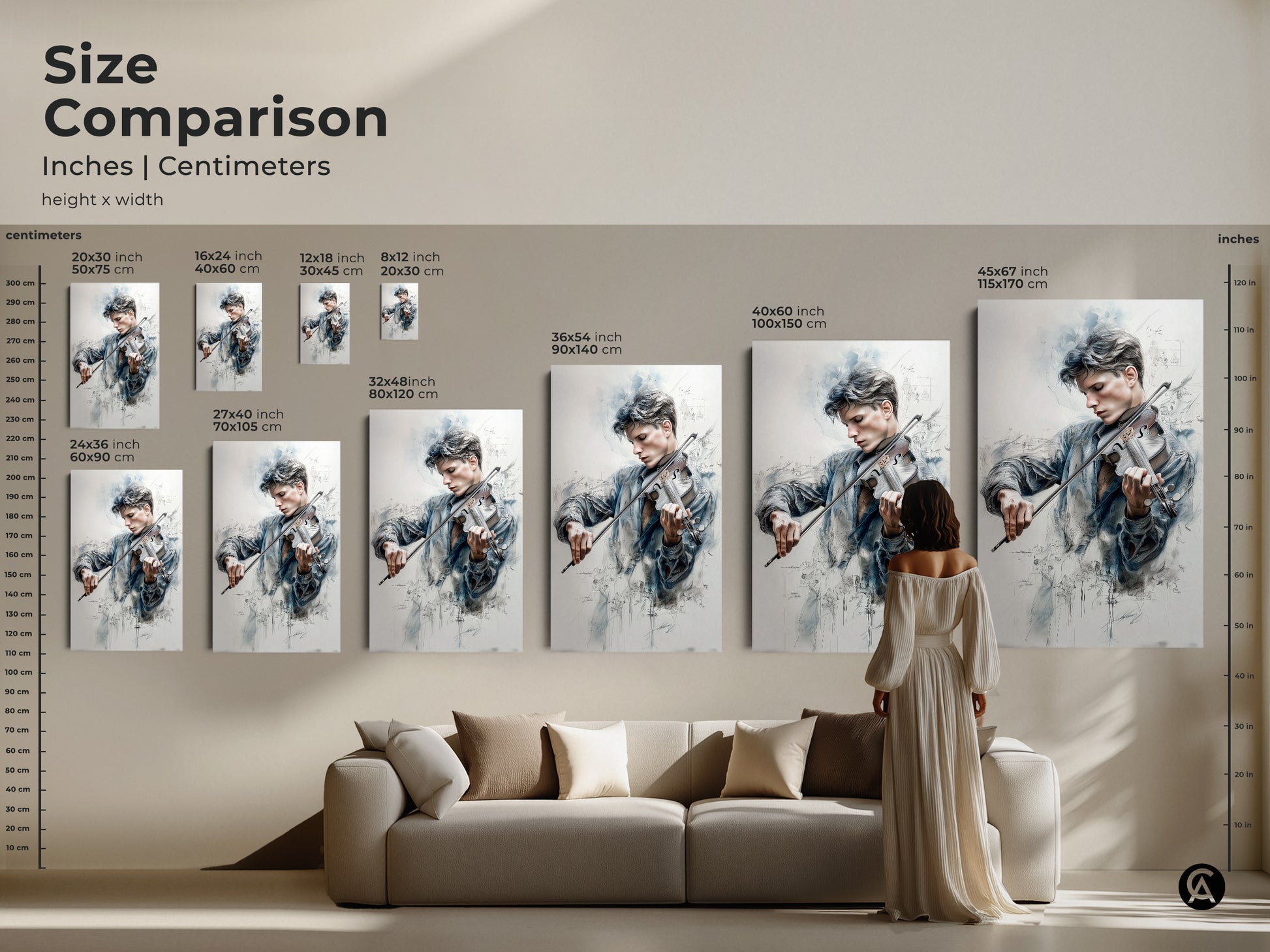 Size comparison of artwork featuring a young violinist. Available in inches and centimeters. See how different sizes fit above a sofa. Choose the perfect dimensions to enhance your living space with this beautiful artwork.