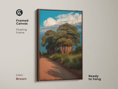 Framed canvas of African baobab trees with a brown floating frame. This ready to hang artwork showcases a realistic scenic painting. Perfect boho home decor. This travel gift idea brings nature indoors as wall art.