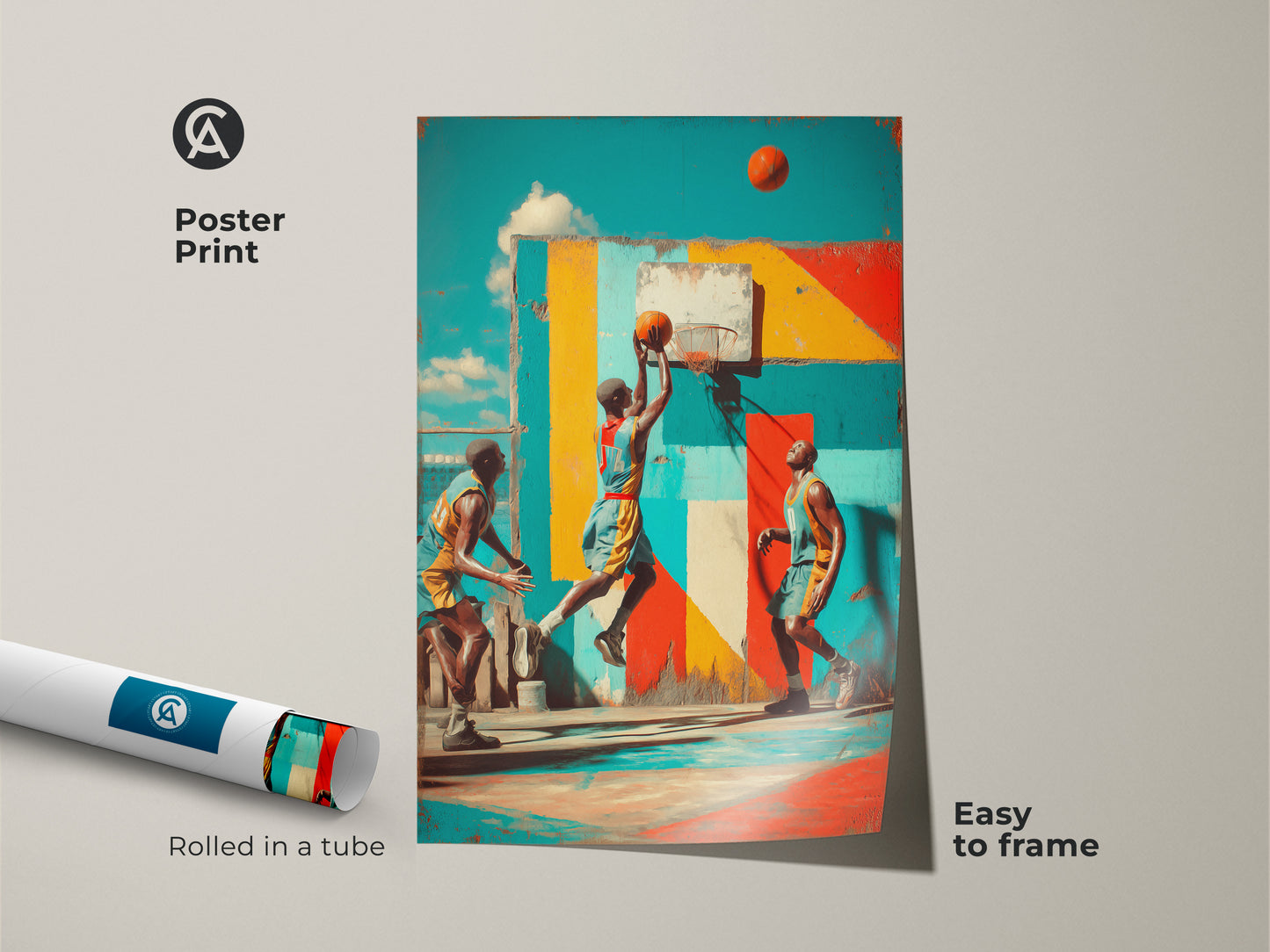 This poster print features a dynamic scene of basketball players near a hoop. The teal yellow and red graffiti art creates a modern street art aesthetic. It is perfect for framing. It will add an urban touch to your man cave or sports themed space.