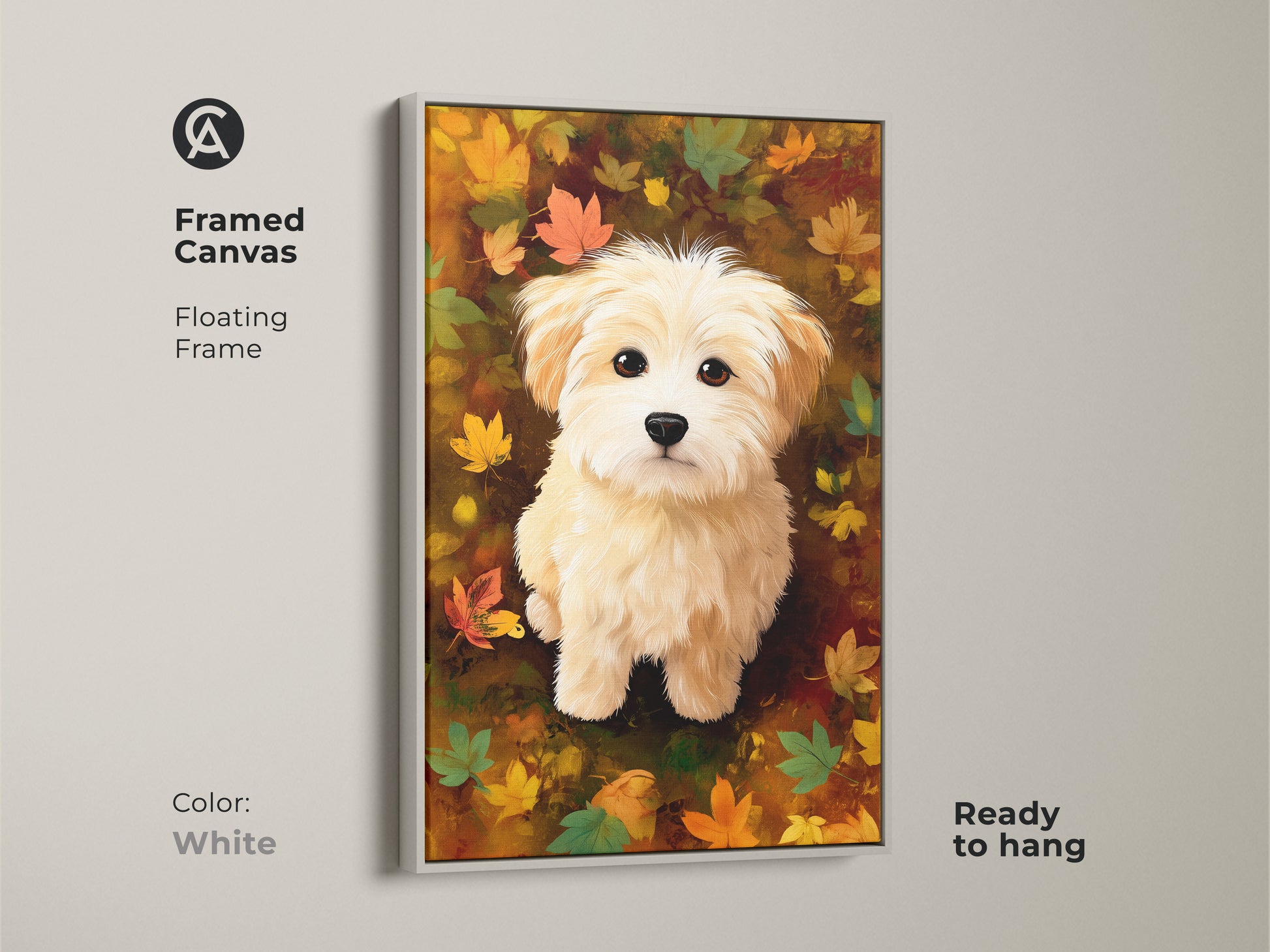 Framed canvas print of a cute maltipoo puppy among autumn leaves. The white floating frame enhances this charming dog artwork. Ready to hang and brighten any room with canine beauty.