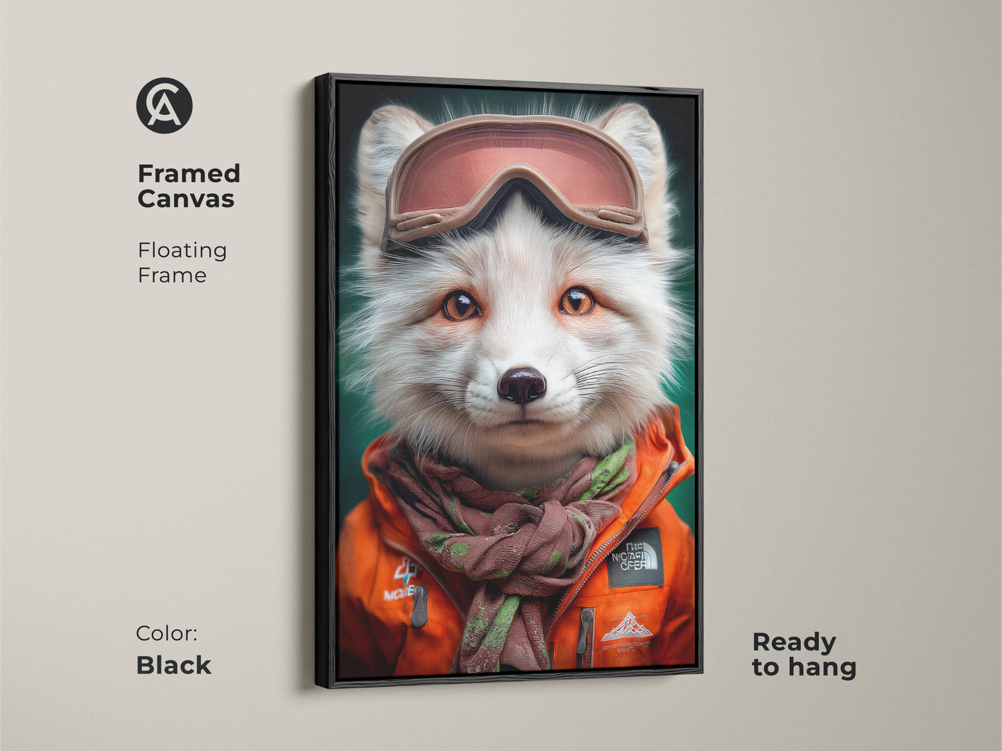 Framed canvas of a fox art print in a black floating frame. Winter wildlife animal art. Ready to hang with a portrait of fox wearing ski goggles and orange jacket. Eclectic wall decor for animal enthusiasts. Adds a touch of charm to any home or office space.