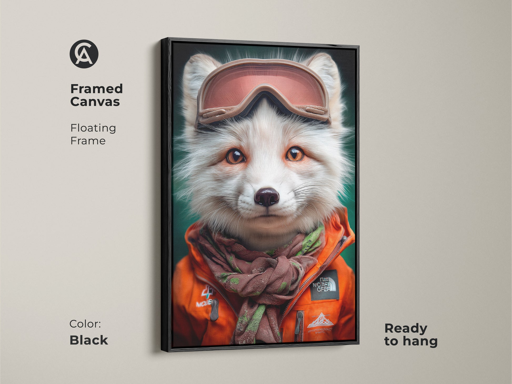 Framed canvas of a fox art print in a black floating frame. Winter wildlife animal art. Ready to hang with a portrait of fox wearing ski goggles and orange jacket. Eclectic wall decor for animal enthusiasts. Adds a touch of charm to any home or office space.