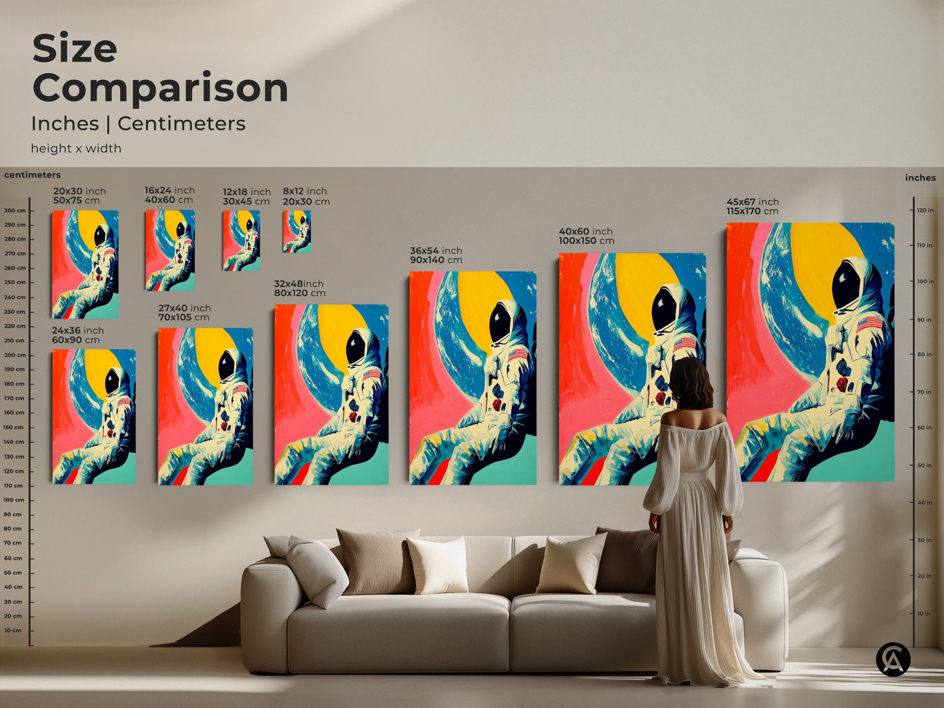 Size Comparison. This bold space art print is shown in various sizes inches and centimeters. It can transform living rooms or offices into cosmic galaxy artwork. See the astronaut and earth view artwork in multiple sizes.