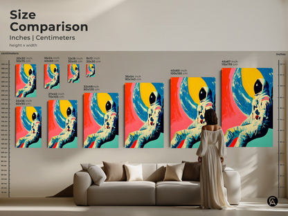 Size Comparison. This bold space art print is shown in various sizes inches and centimeters. It can transform living rooms or offices into cosmic galaxy artwork. See the astronaut and earth view artwork in multiple sizes.