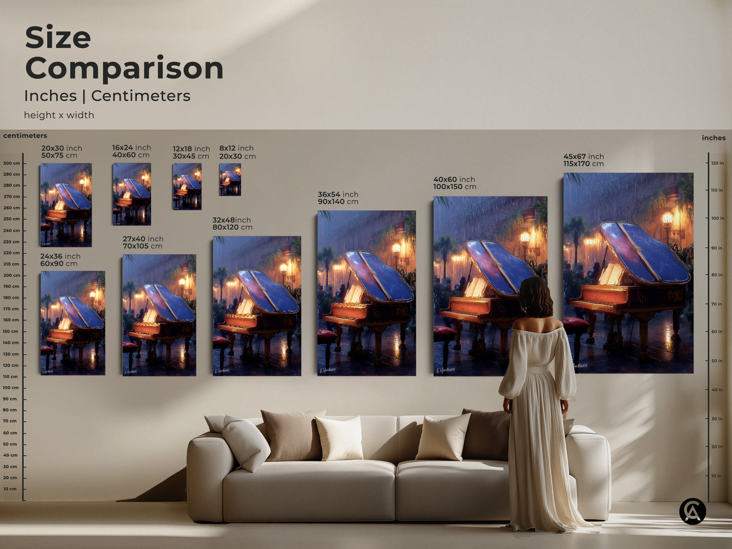 Size comparison showcasing the grand piano art piece in various dimensions within a home setting. From 16x24 inch to 45x67 inch find the perfect fit for your wall. Ideal as a musician studio art or a sophisticated wall decor for any art lover.