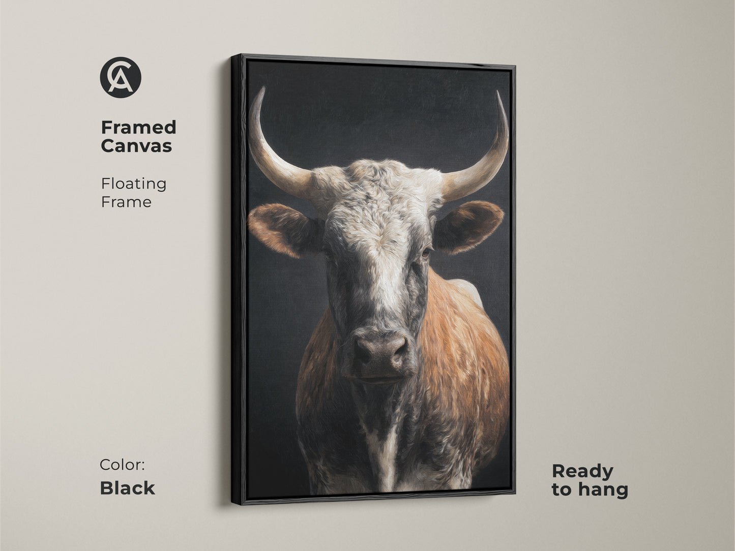 Framed canvas featuring realistic bull artwork with a floating frame in black. The tan white and brown tones enhance its rustic animal print decor. Ready to hang. The farmhouse cow wall art adds charm to any space. Perfect for country style home decor. This wildlife farm animal art is a stunning focal point.