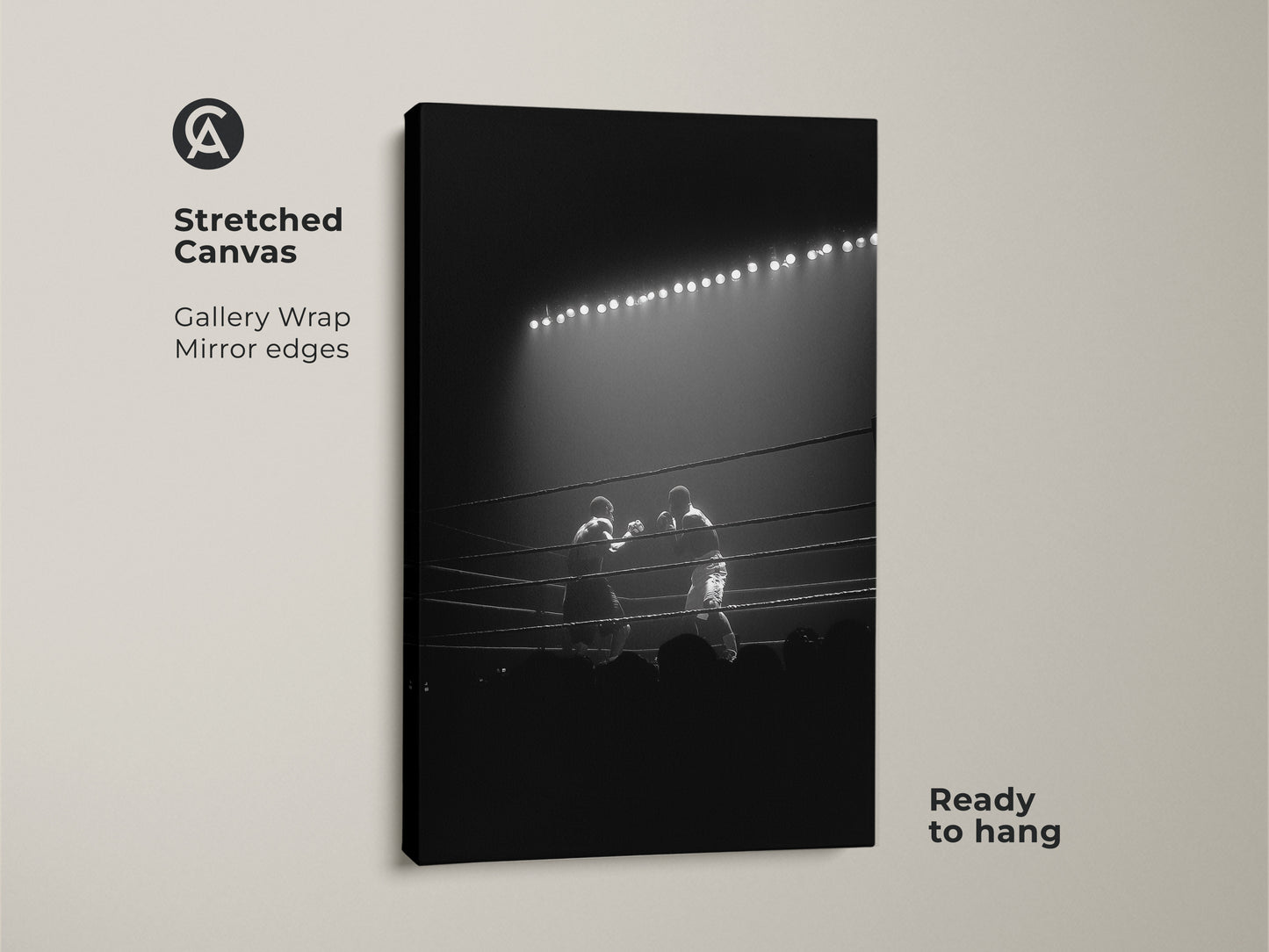 Black and white boxing match art is gallery-wrapped on stretched canvas. It features mirror edges and arrives ready to hang. Perfect sports action canvas for industrial decor themes.