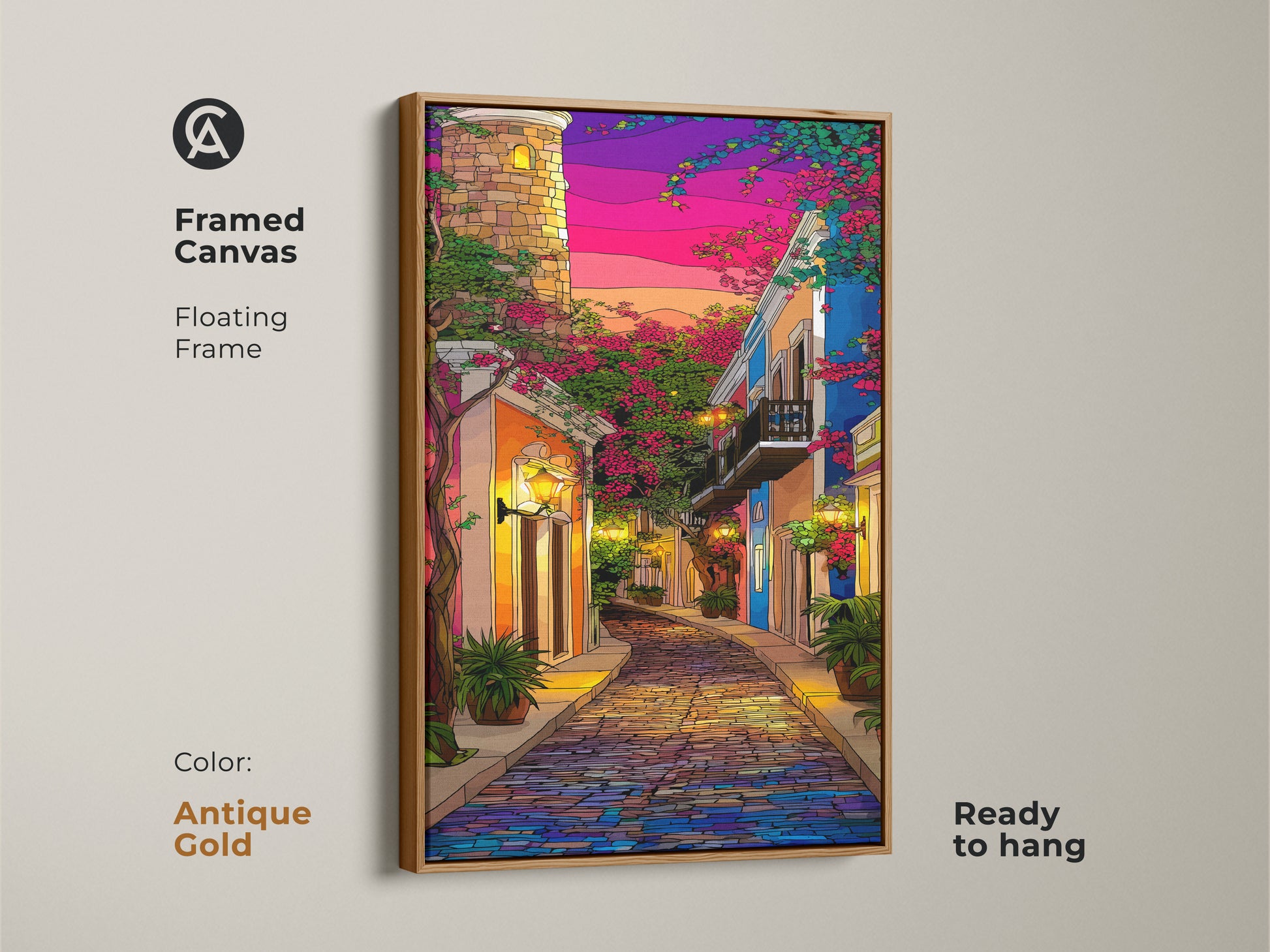 Cobblestone street cityscape art print with antique gold frame. Features a tower under a purple blue pink sunset. An eclectic travel lover gift that elevates hallway decor. Discover colorful European street artwork. Great travel inspired wall art.