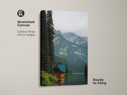 Stretched Canvas of a Rustic Cabin Landscape Print. Gallery wrapped with mirror edges this mountain lake artwork is ready to hang. The deep blue and forest green palette evokes a sense of nature and adventure.