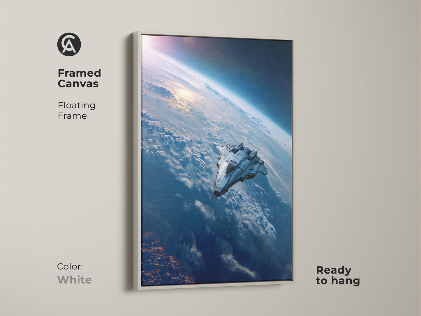 White Framed Canvas Sci-Fi Space Art Print displaying a futuristic spaceship over Earth. This ready-to-hang deep blue and white artwork adds a modern science fiction touch to any room.