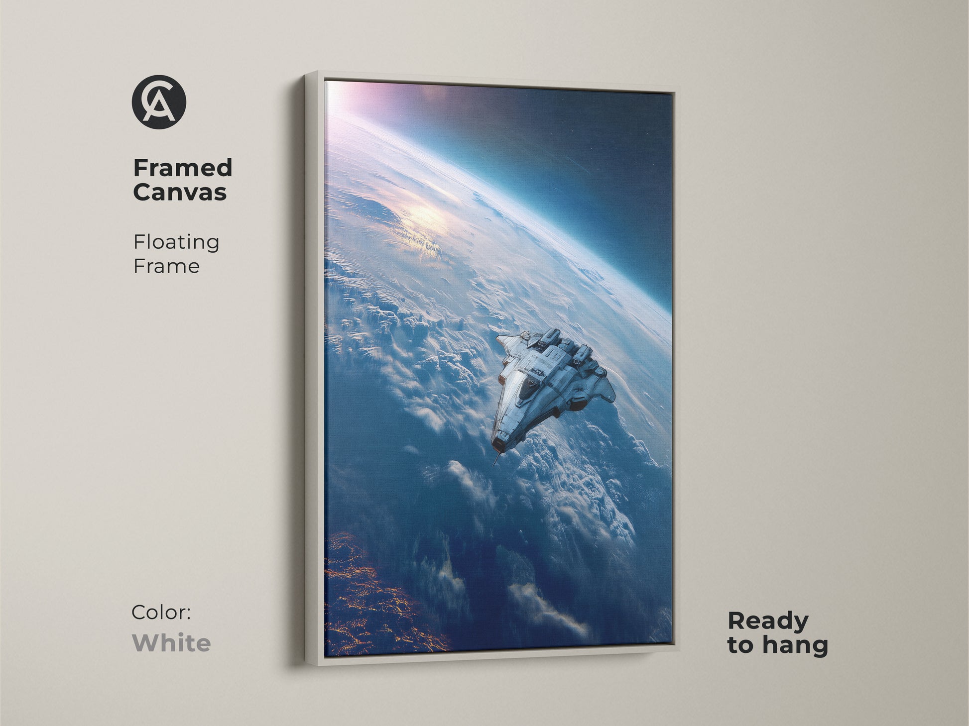 White Framed Canvas Sci-Fi Space Art Print displaying a futuristic spaceship over Earth. This ready-to-hang deep blue and white artwork adds a modern science fiction touch to any room.