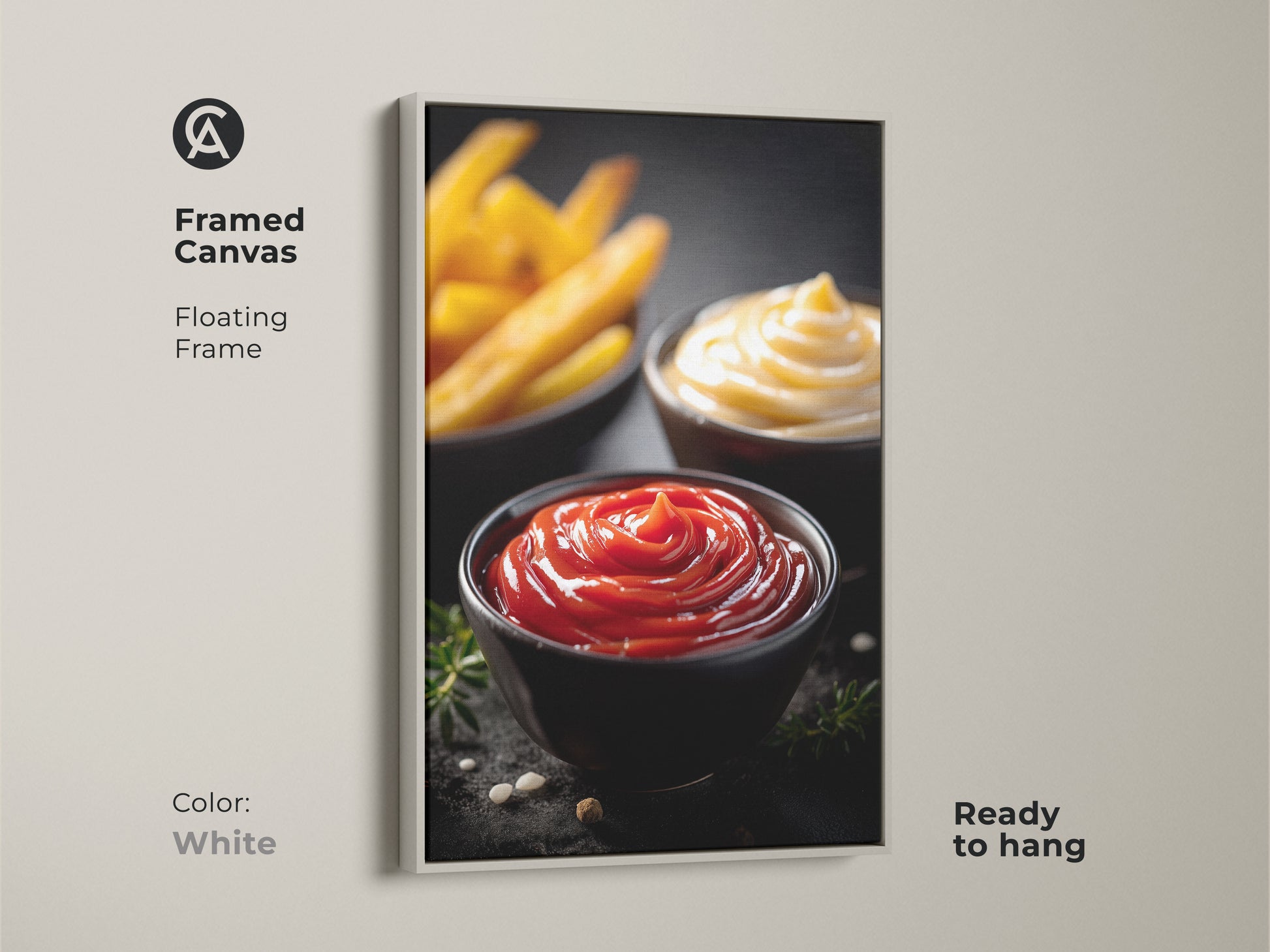 Framed canvas of ketchup mayo and fries art with a white floating frame. This modern food photography print is ready to hang. It adds a playful touch to your kitchen or dining space. Ideal for food lovers and home bakers. A housewarming gift for those who appreciate delicious art.
