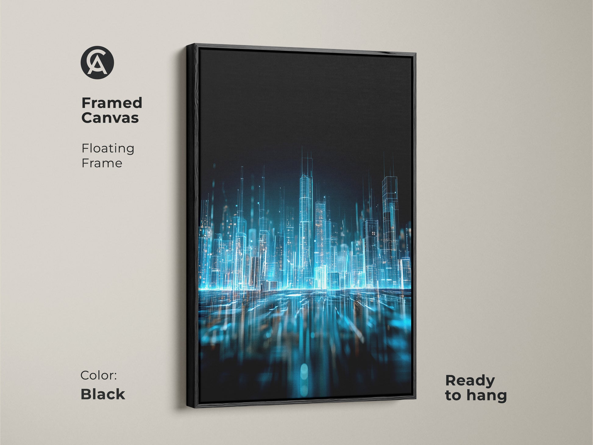 Framed canvas art print featuring an abstract city. The glowing city art is framed in black. The art is matted with a floating frame. This contemporary art piece is ready to hang. Enhance your home today.