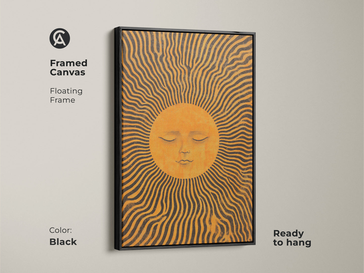 Framed in black this canvas features an orange sun face art print. The boho celestial wall art has mid-century sun rays creating a modern look. Ready to hang it enhances any room with warmth and artistic beauty. A unique housewarming gift.
