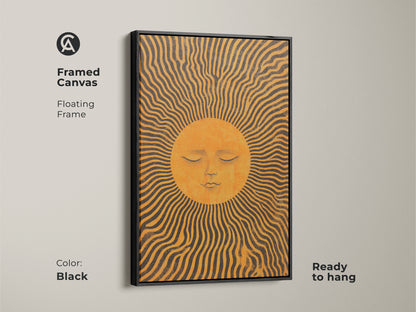 Framed in black this canvas features an orange sun face art print. The boho celestial wall art has mid-century sun rays creating a modern look. Ready to hang it enhances any room with warmth and artistic beauty. A unique housewarming gift.
