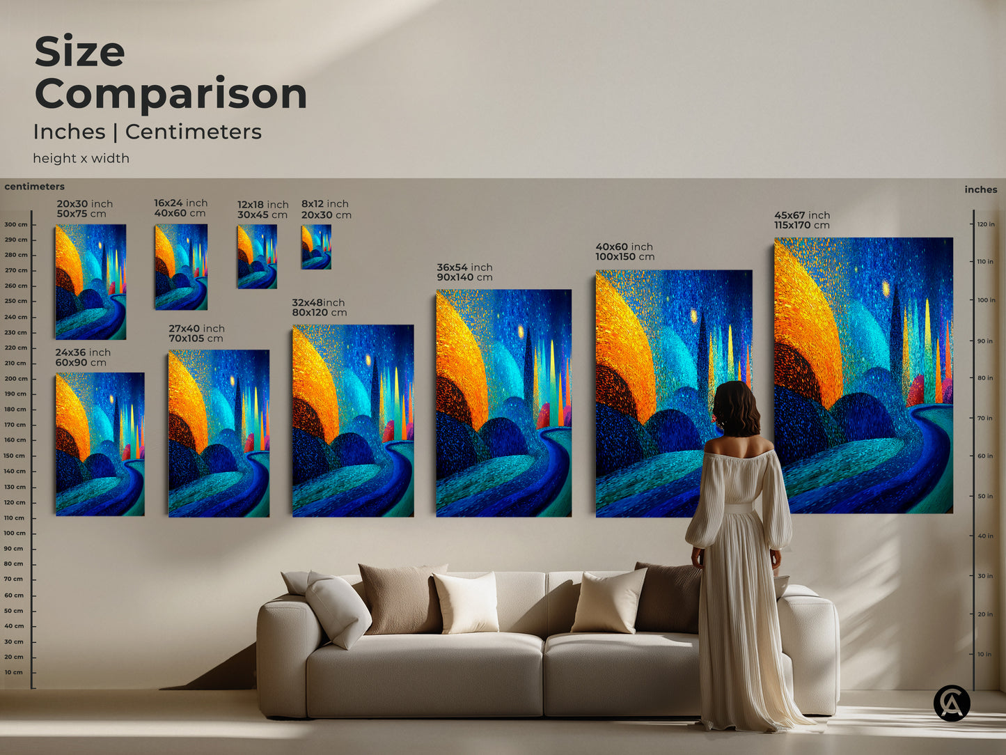 Size comparison inches and centimeters of fantasy forest art print. A colorful abstract painting is shown in various sizes. Select the perfect size nature path wall hanging for your home or office.