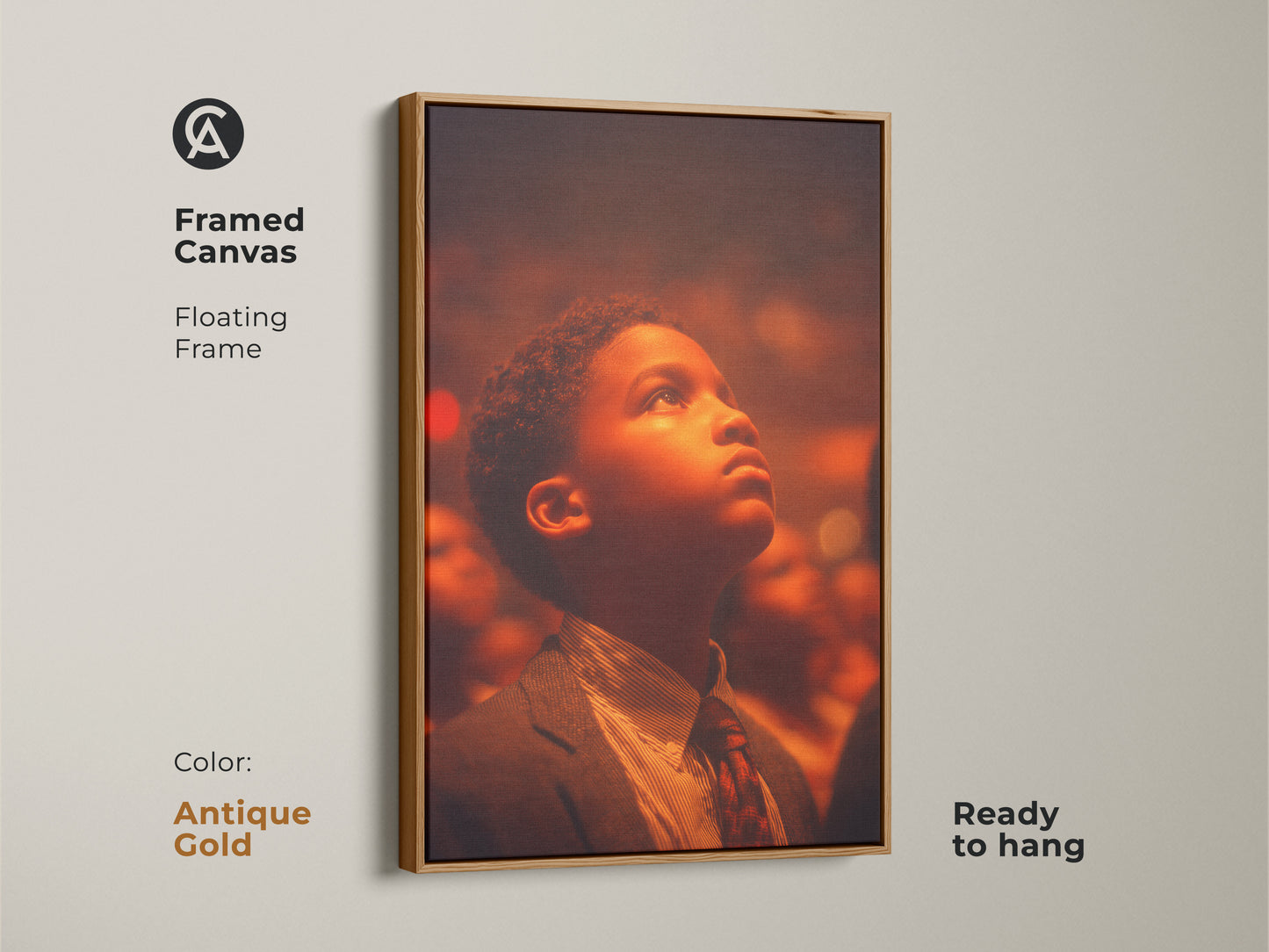 Framed canvas art with a floating frame in antique gold. The artwork depicts a young boy looking up. The art is ready to hang. The neutral background highlights the subject.