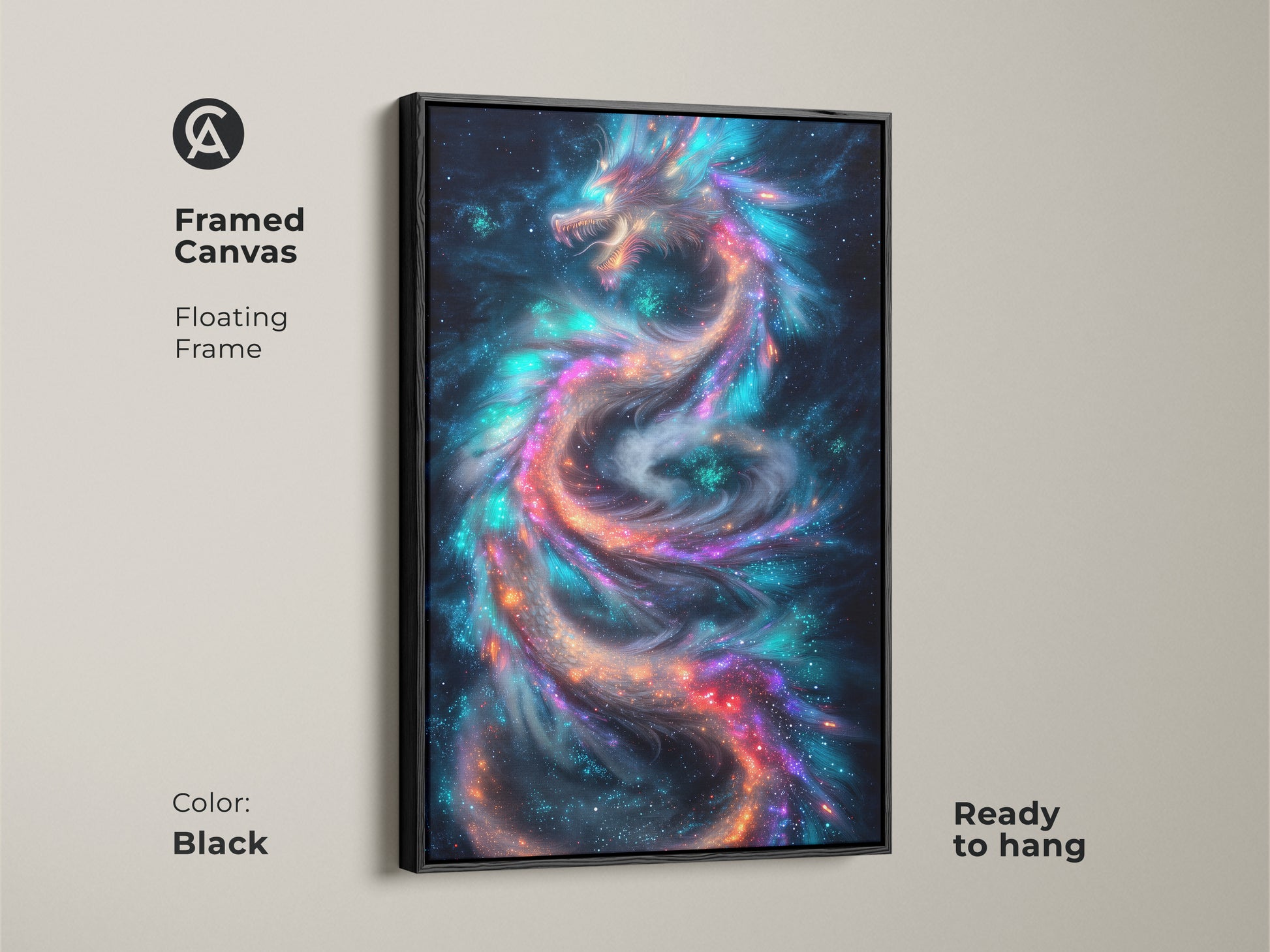 Framed canvas of a cosmic dragon with a floating black frame. This fantasy art features celestial mythology. The colors are a blend of blue purple and teal. This wall decor is ready to hang. Perfect gift for fantasy fans.