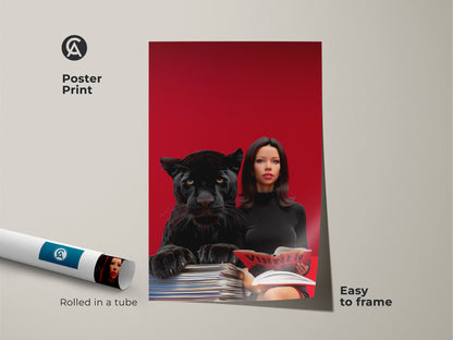 This poster print showcases a surreal artwork. It features a woman reading with a black panther in bold crimson pop art style. An eclectic office wall decor piece it arrives rolled in a tube ready to frame.