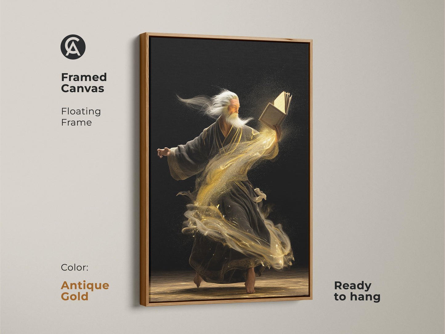 Antique gold framed canvas print featuring a wise old man reading a magic book. This fantasy artwork is ready to hang. It is a surreal piece with swirling gold dust and wisdom mythology.