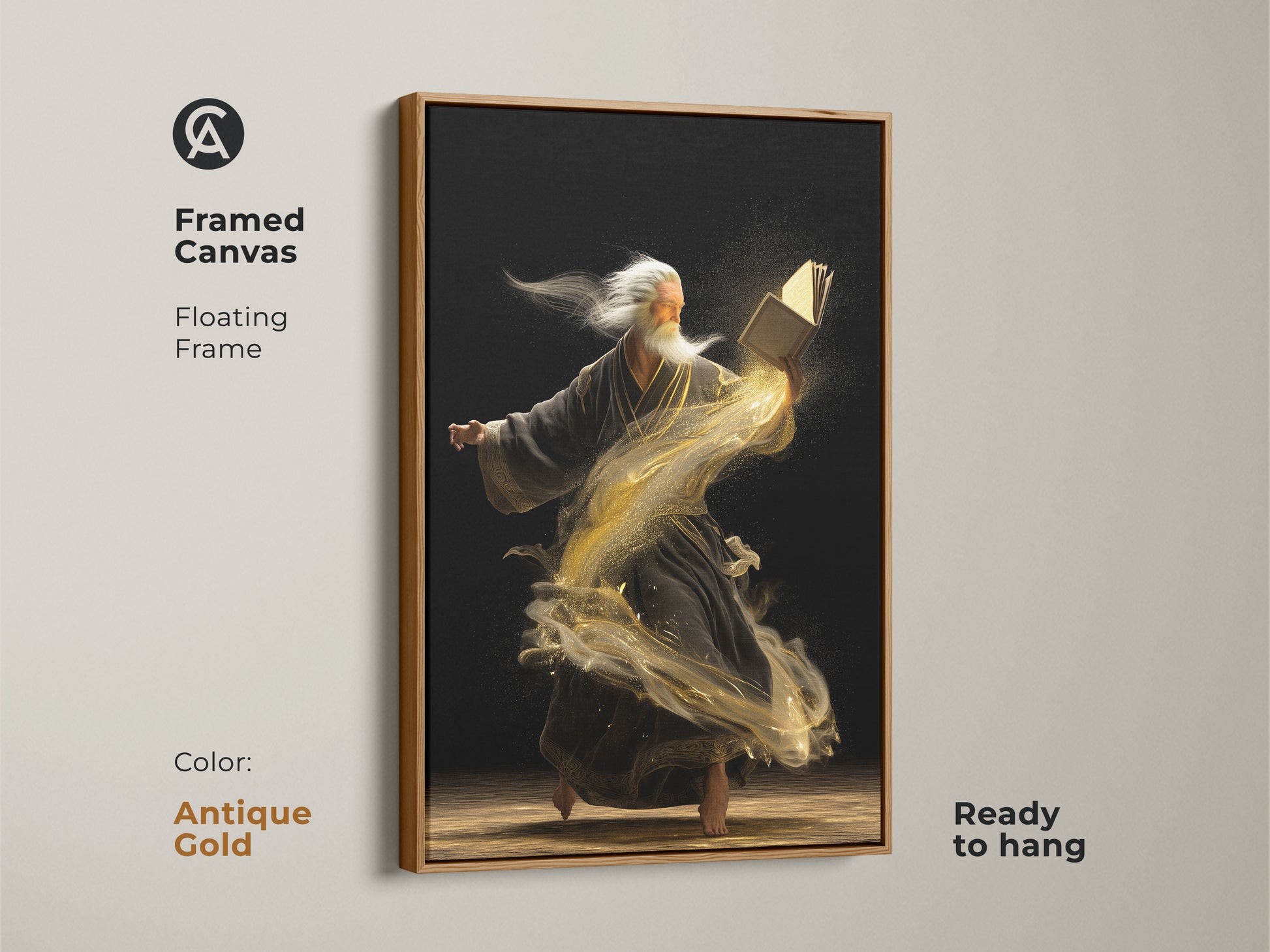 Antique gold framed canvas print featuring a wise old man reading a magic book. This fantasy artwork is ready to hang. It is a surreal piece with swirling gold dust and wisdom mythology.