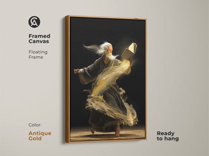 Antique gold framed canvas print featuring a wise old man reading a magic book. This fantasy artwork is ready to hang. It is a surreal piece with swirling gold dust and wisdom mythology.