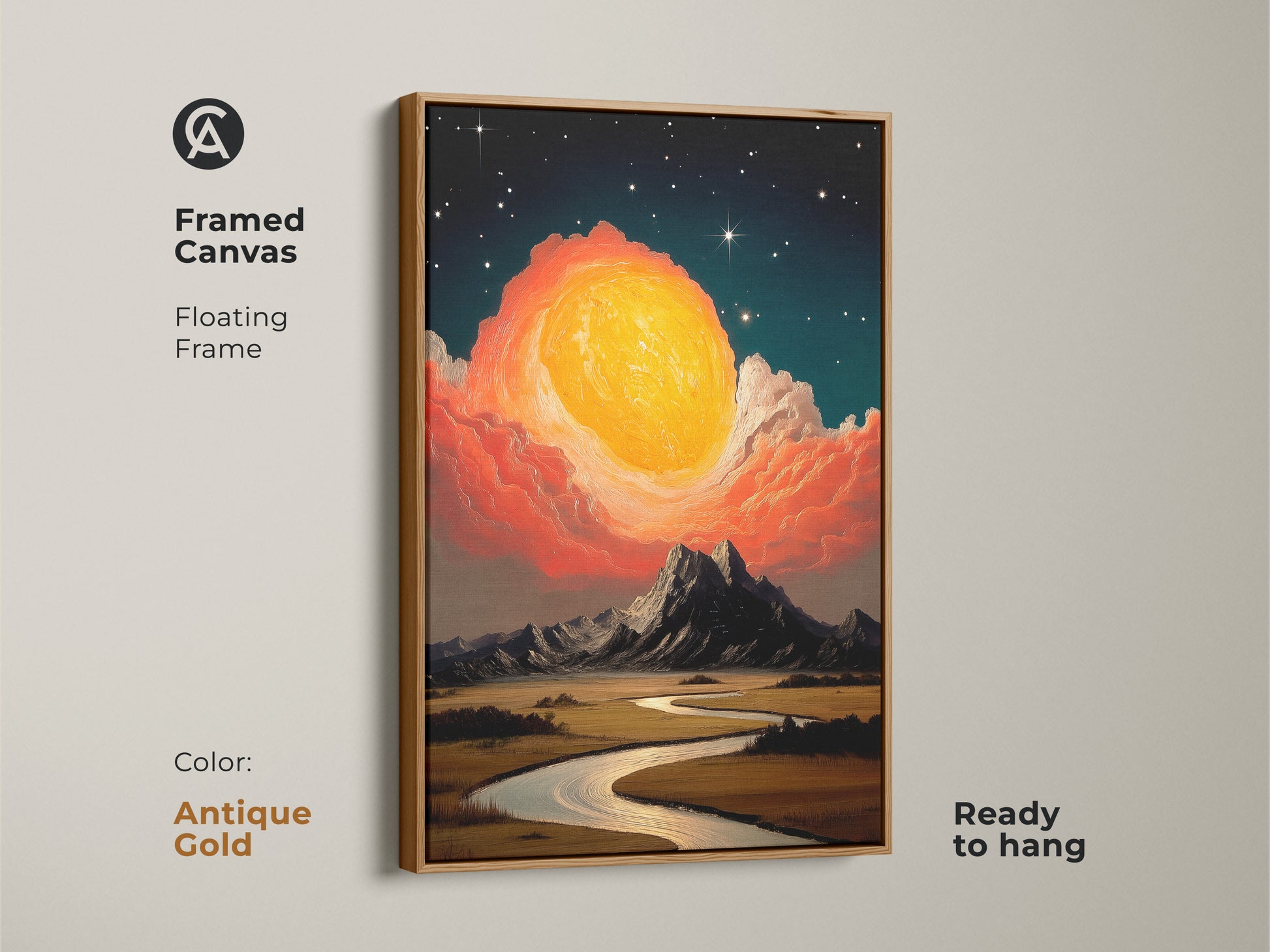 Framed canvas print of a cosmic sun rising over mountains and a river. The floating frame is antique gold. This expressive landscape wall art has yellow orange teal tones. A great housewarming gift for stargazers. Ready to hang.