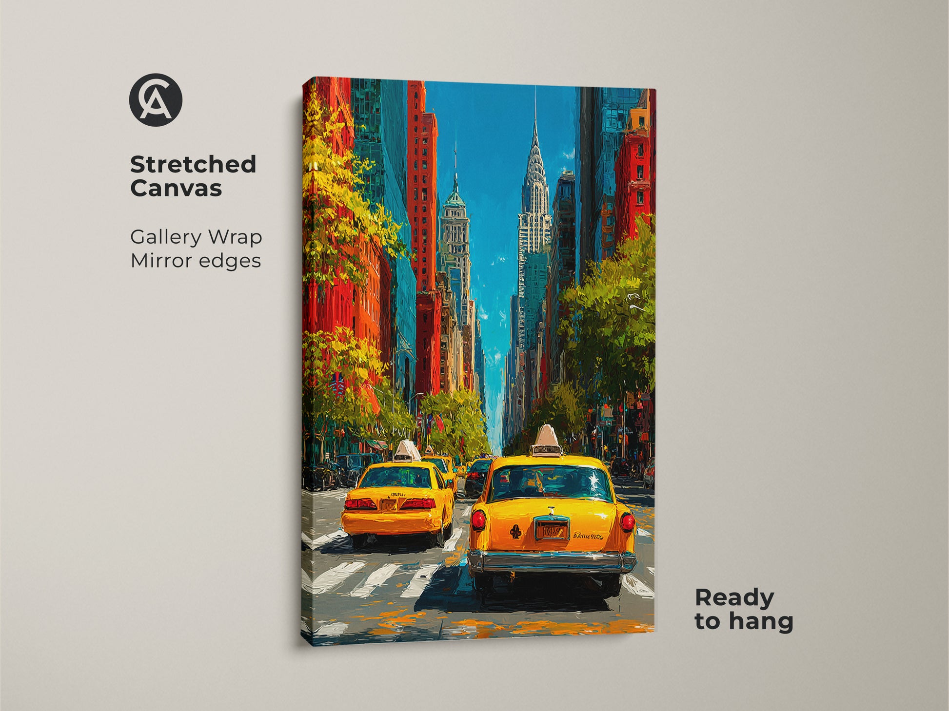 A visually striking abstract geometric artwork on canvas. The orange blue teal color splash creates a contemporary feel. The shapes and patterns add modern wall art for an office space or home decor setting.