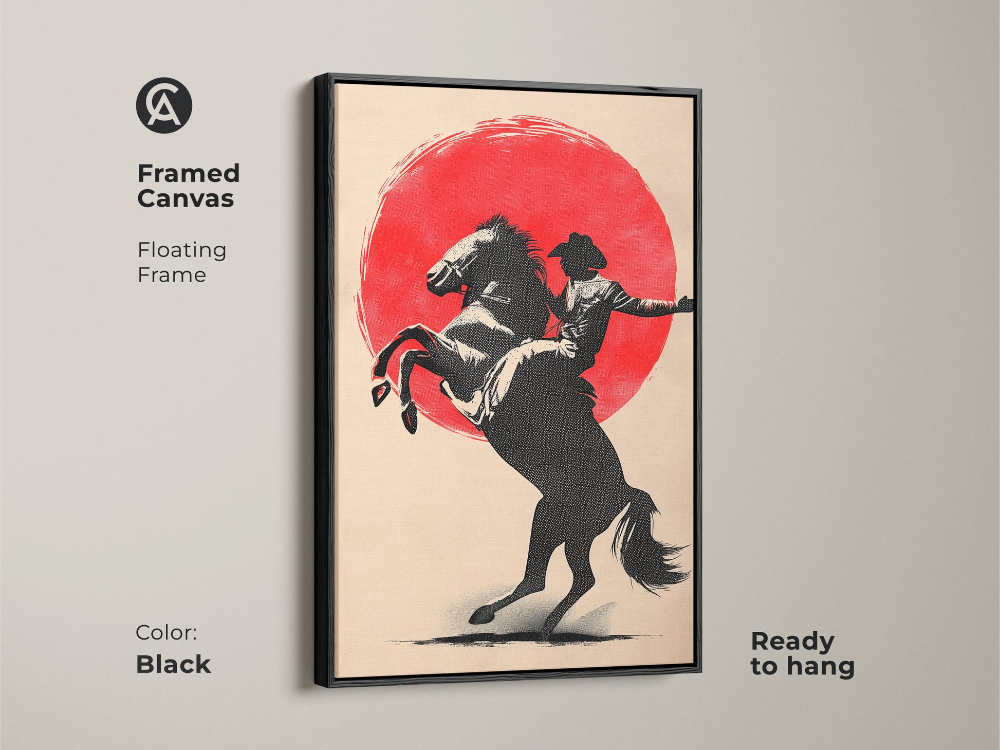 Framed cowboy on horse canvas art in a floating black frame. It features a rodeo sunset art. This minimalist farmhouse wall art adds rustic charm. It is a great gift for cowboy enthusiasts. Ready to hang in any room.
