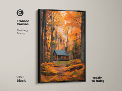 A framed canvas featuring a charming cabin in an autumn forest. The floating frame in black enhances the artwork. Ready to hang this piece brings nature indoors. This art is perfect for adding a rustic touch to your home decor.