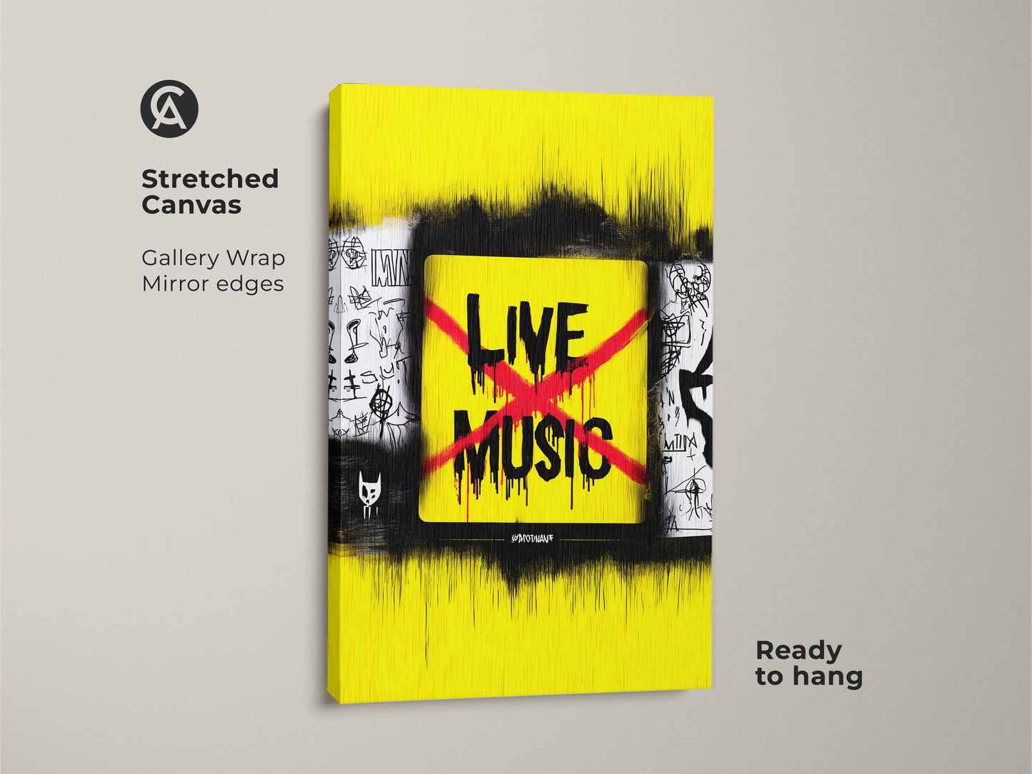 Stretched canvas gallery wrap of live music art. The yellow and black urban street art print is ready to hang. It's a modern graffiti artwork for an eclectic home wall decor.
