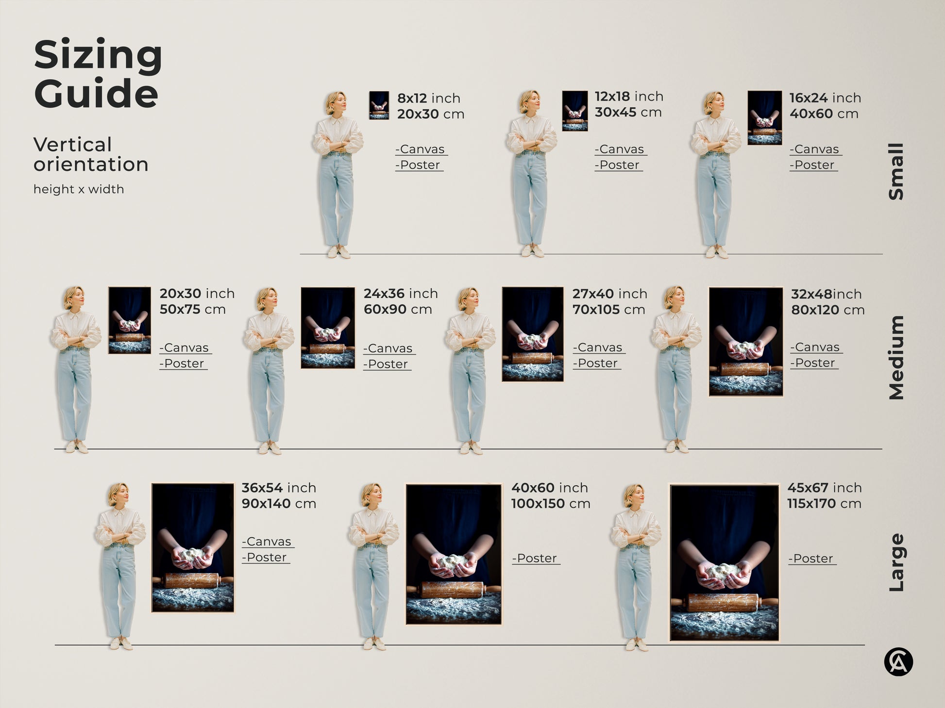 Sizing guide shows vertical orientation options for canvas and poster prints. Small medium and large sizes available. Hands holding dough artwork for any space and style.