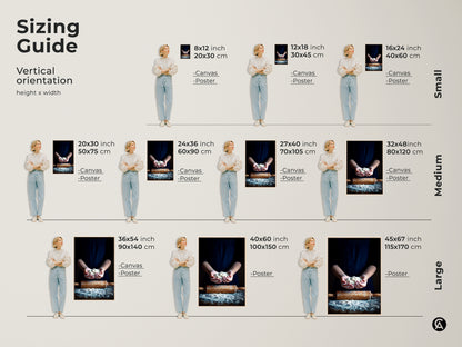 Sizing guide shows vertical orientation options for canvas and poster prints. Small medium and large sizes available. Hands holding dough artwork for any space and style.