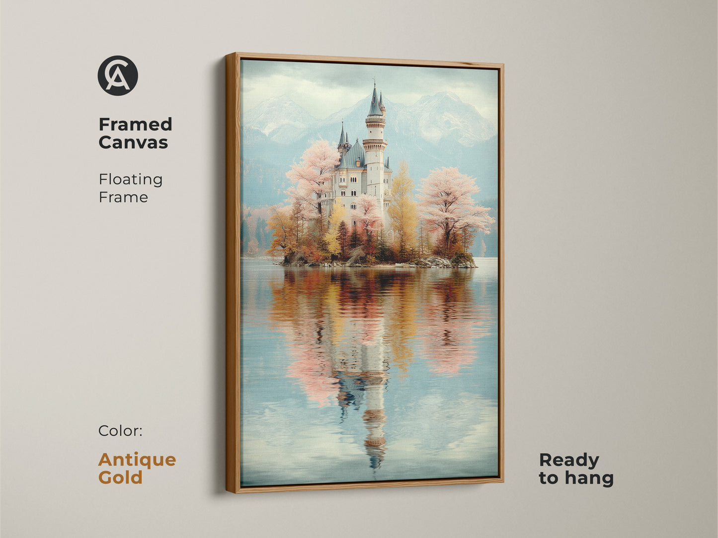 Framed Canvas showcasing Muted Teal Castle. This fantasy architecture art has a floating antique gold frame. This scenic lake view art is ready to hang. Perfect gift for dreamers.