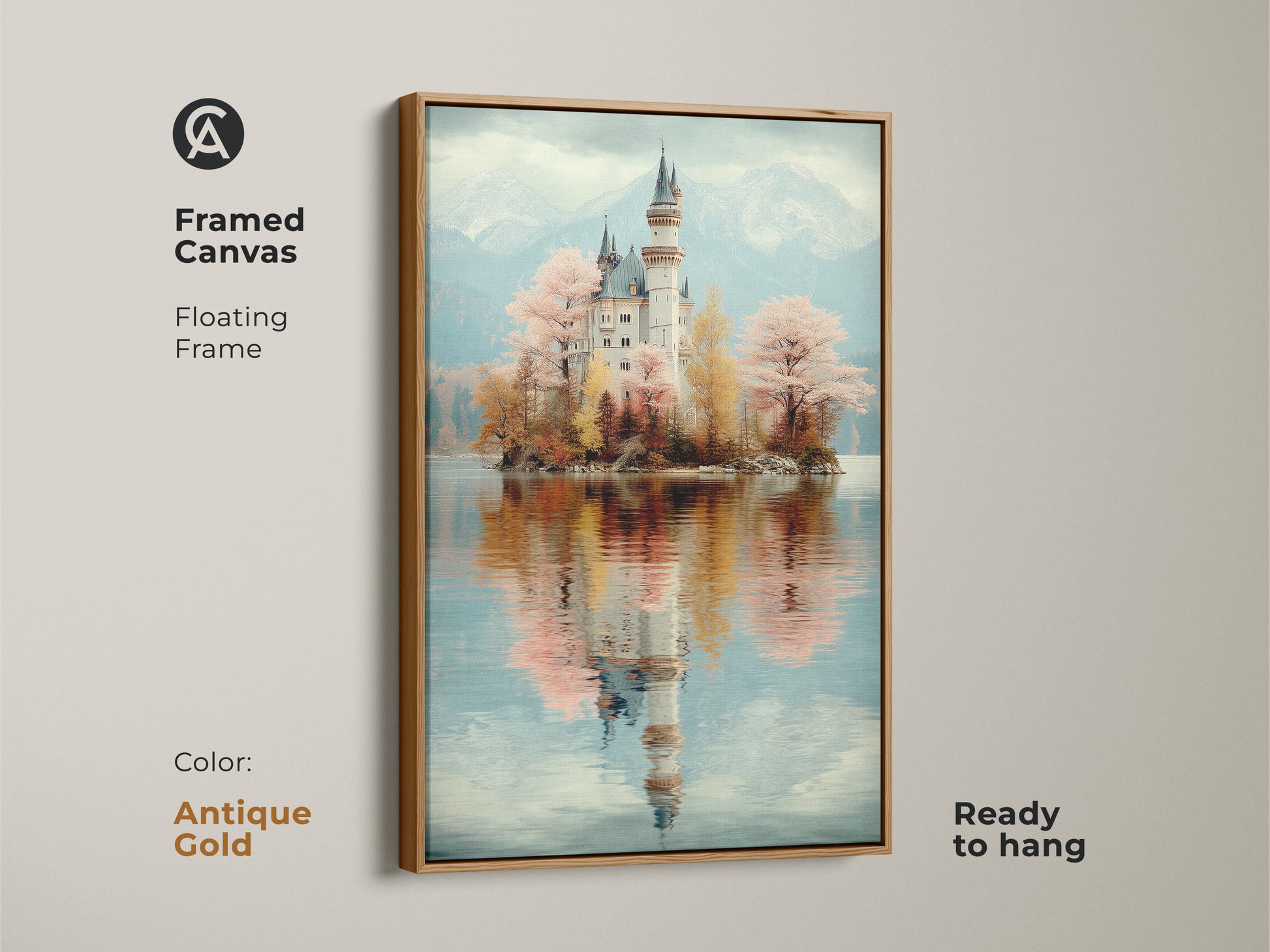Framed Canvas showcasing Muted Teal Castle. This fantasy architecture art has a floating antique gold frame. This scenic lake view art is ready to hang. Perfect gift for dreamers.