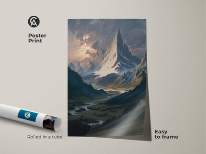 Poster print of a scenic valley art. It shows a classic landscape painting. The artwork features a snowy mountain canvas. It is rolled in a tube and easy to frame. This traditional outdoor painting is nature inspired wall decor.