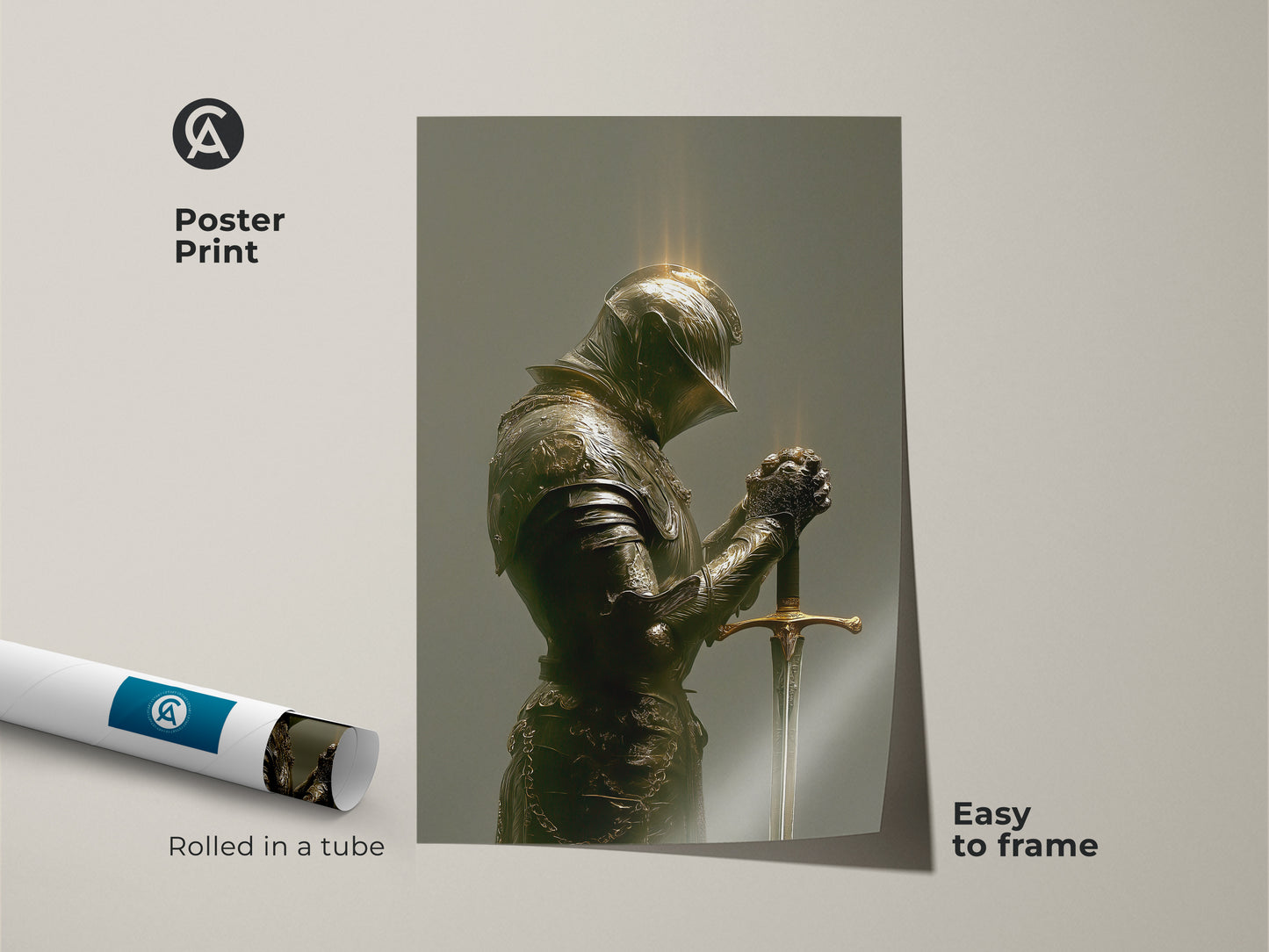 Poster Print of a Medieval warrior canvas print. The artwork shows a Knight in armor. Rolled in a tube and easy to frame. Gothic study room decor for an office. Bronze green gold knight painting offers historical armor.