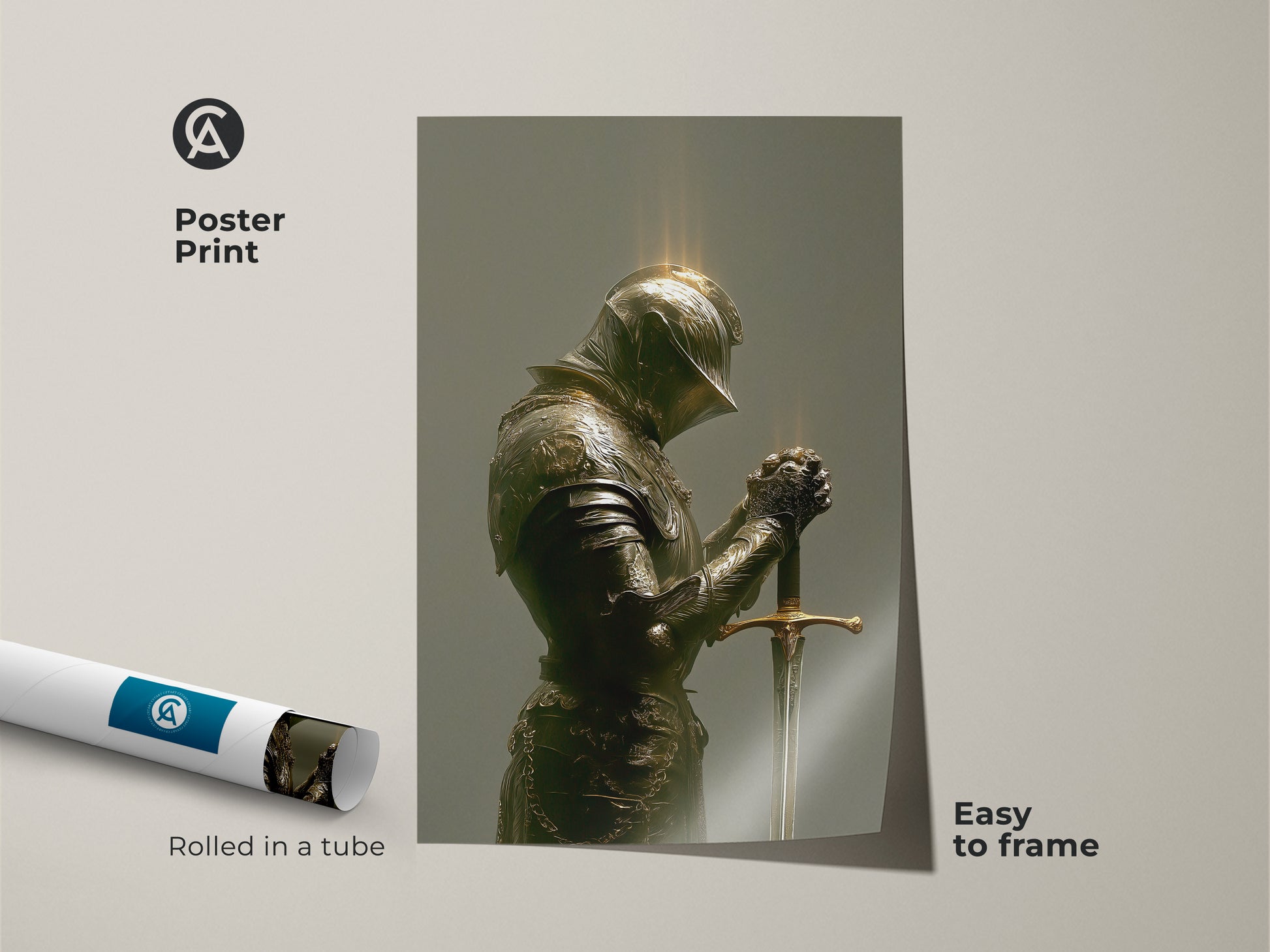 Poster Print of a Medieval warrior canvas print. The artwork shows a Knight in armor. Rolled in a tube and easy to frame. Gothic study room decor for an office. Bronze green gold knight painting offers historical armor.