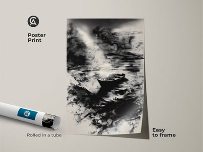 Museum-quality poster print of an abstract seascape showing a boat. This black and white monochrome artwork arrives rolled in a tube. It's easy to frame offering modern minimalist ocean decor. Perfect as a coastal abstract print for home office canvas art. This solitary boat artwork is abstract expressionism at its best.